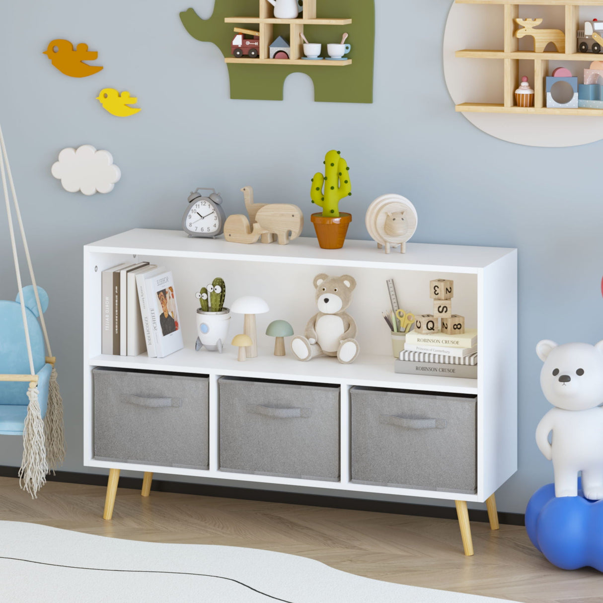 Bookcase With Collapsible Drawers, Book Display Organizer