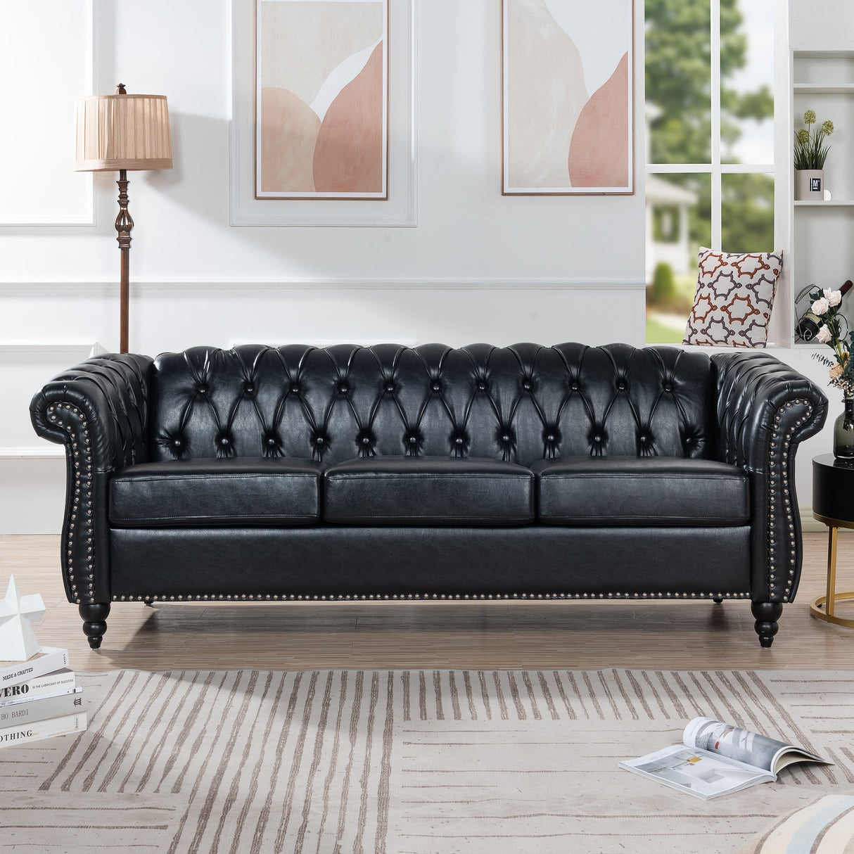 84.65' Black PU Rolled Arm Chesterfield Three Seater Sofa