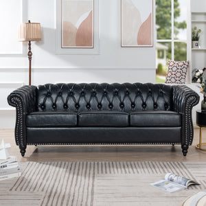 84.65' Black PU Rolled Arm Chesterfield Three Seater Sofa
