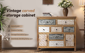Vintage Wooden Accent Chest with 7 Drawers & 2 Cabinets