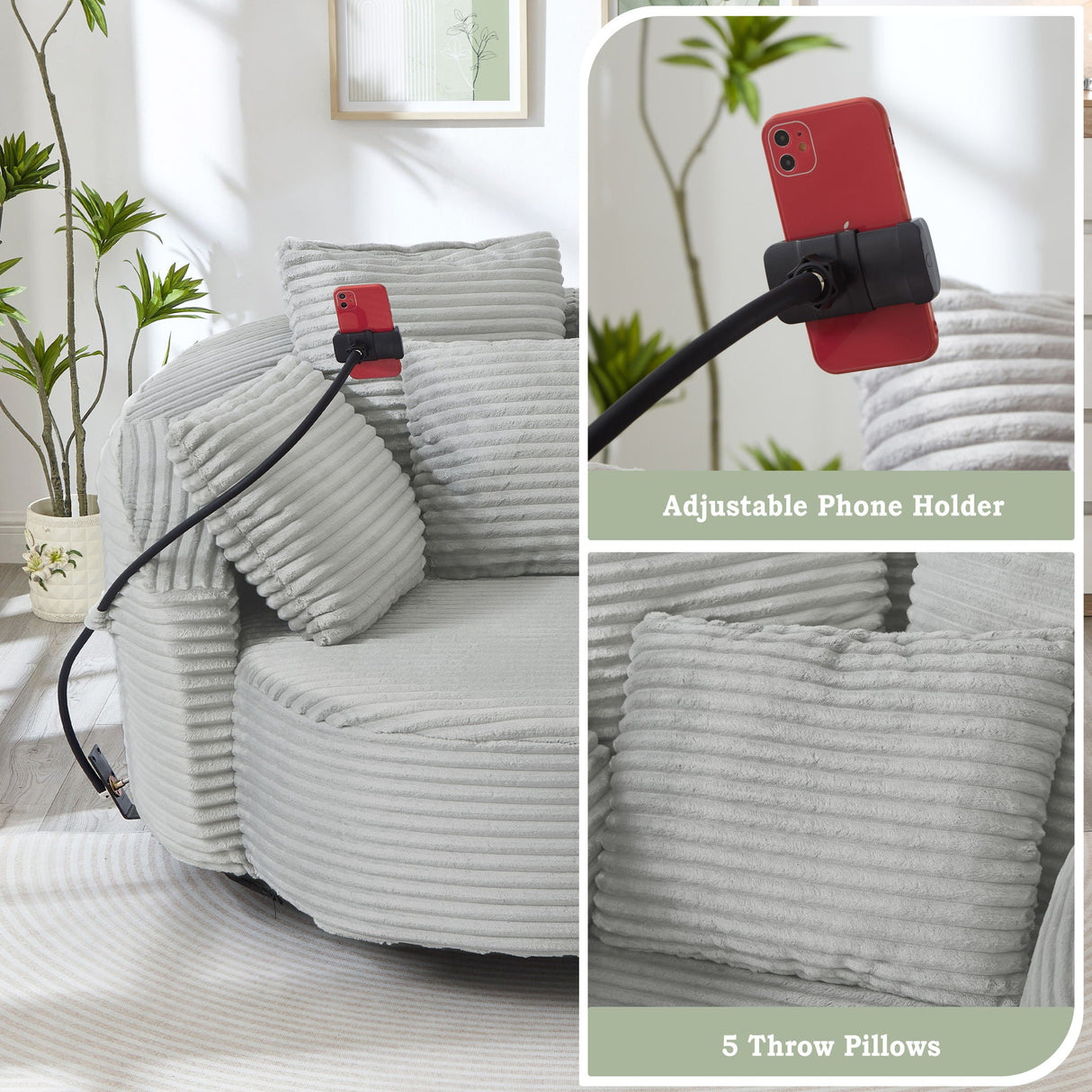 Swivel Accent Barrel Chair With Adjustable Phone Holder, 5 Pillows For Living Room