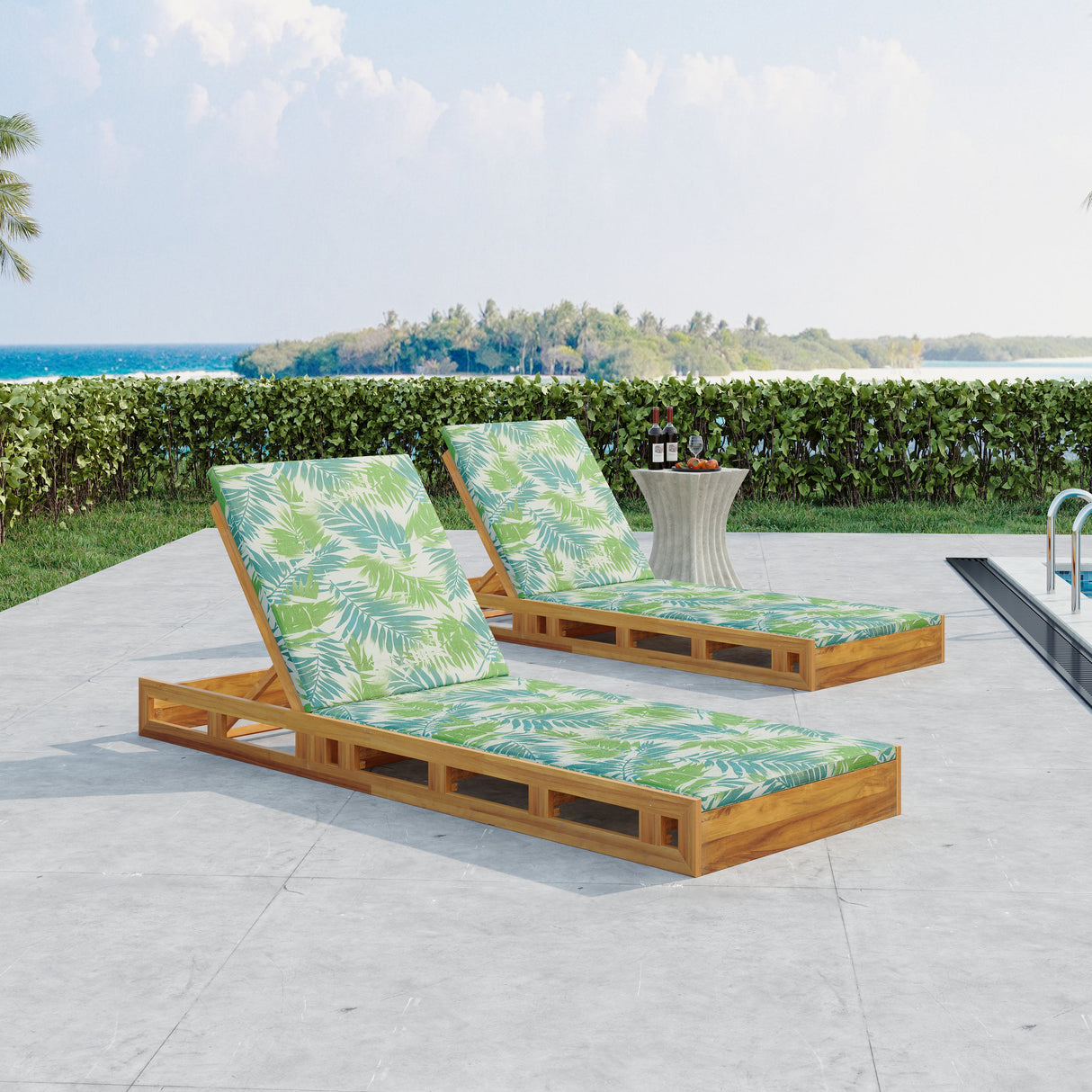 Lounge Chaise Set, Acacia Wood with Water-Resistant Lounge Cushions