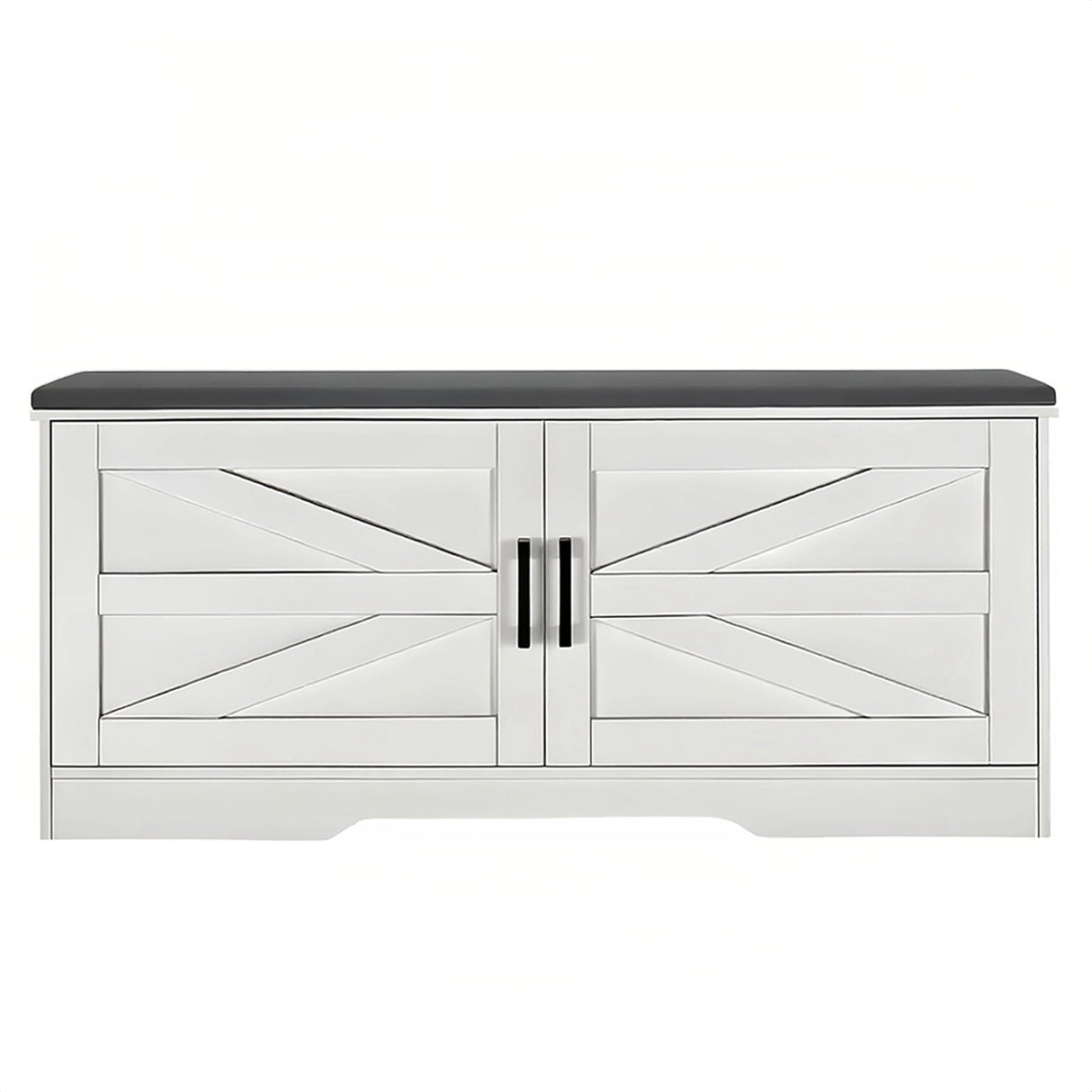 2 Tier Shoe Bench With Padded Seat, 2 Barn Doors And Adjustable Shelves, For Entryway And Living Room - White
