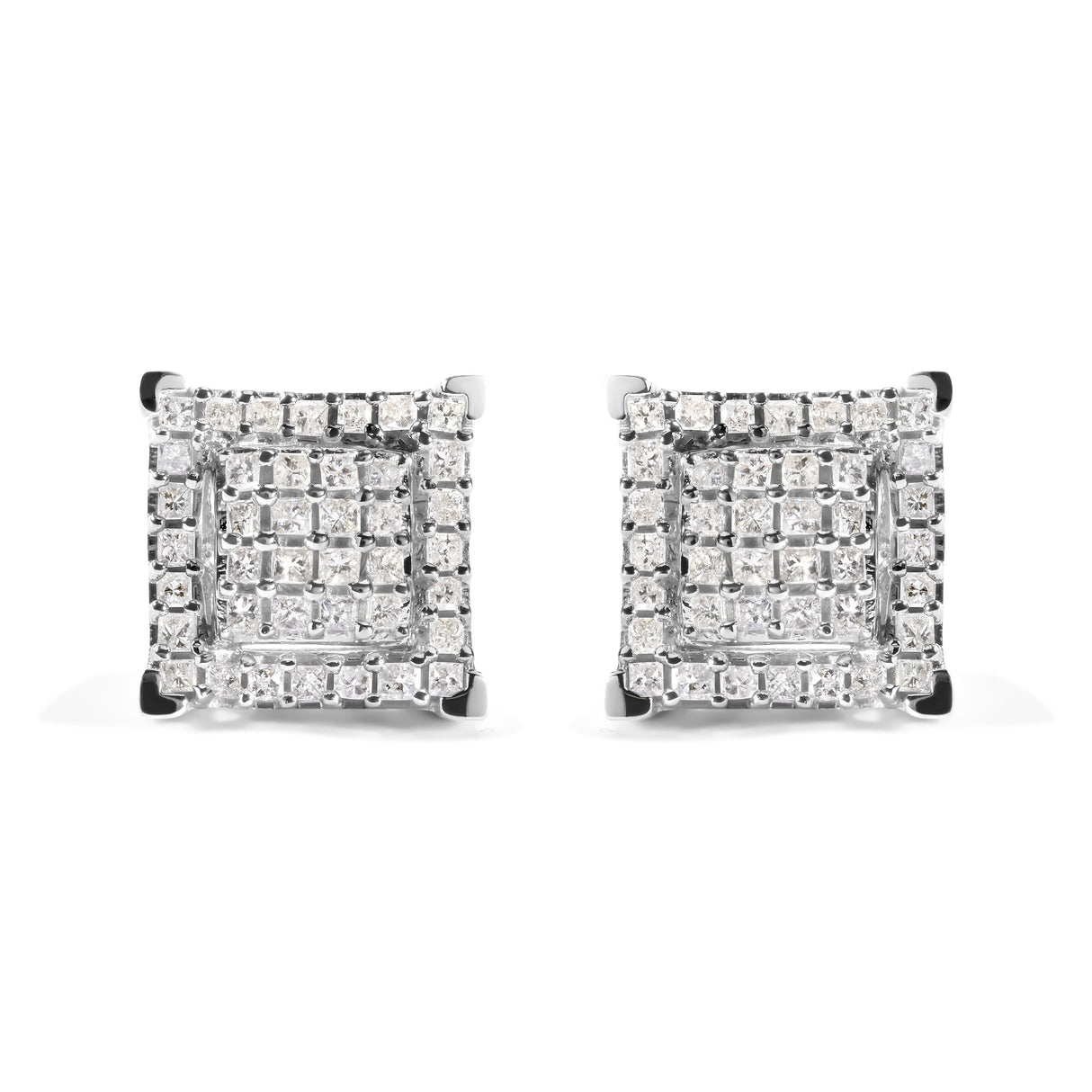 10K White Gold 1 1/4 Cttw Princess Diamond Composite Double Square and Halo Stud Earrings (I-J Color, I1-I2 Clarity)