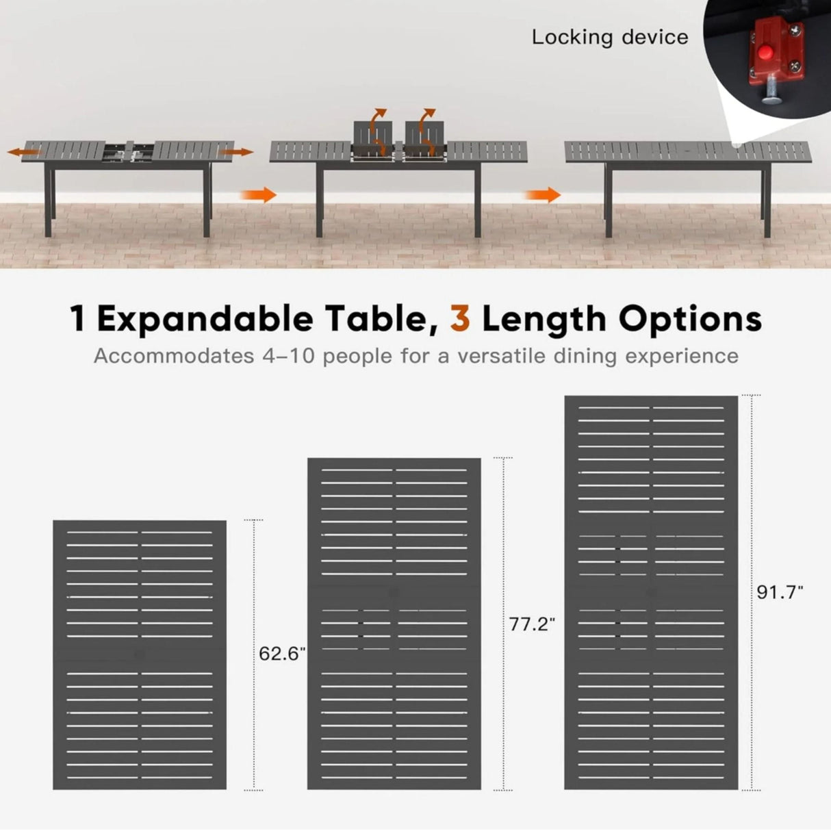 Extendable Outdoor Dining Table, All Weather, Slatted Top, Rust Proof - Gray