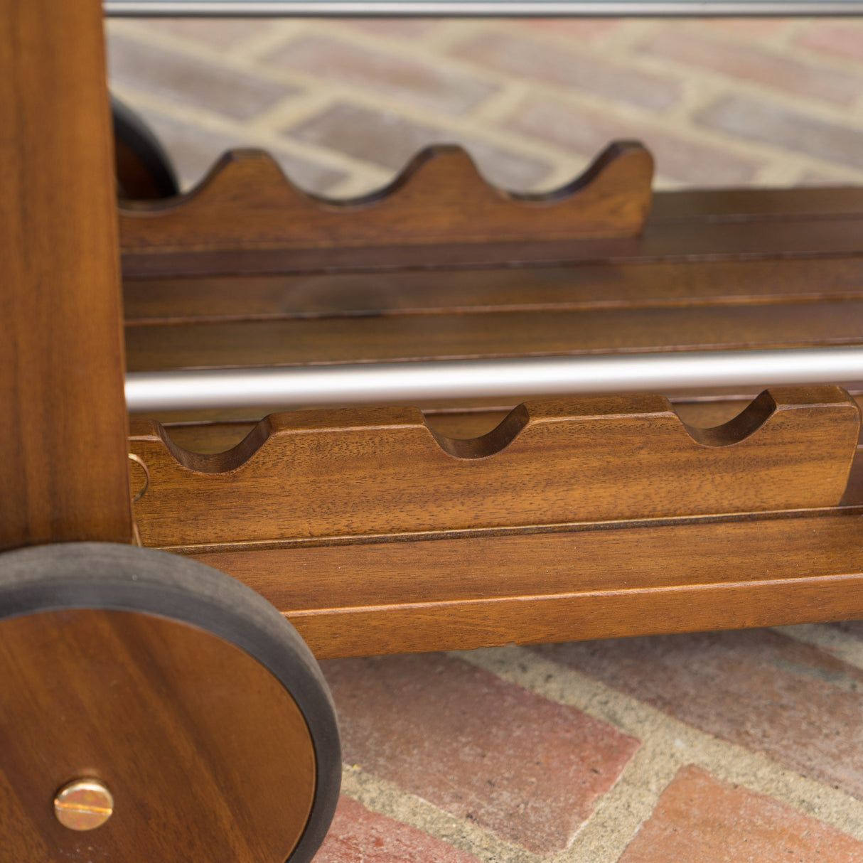 Wood and Aluminum Bar Cart with 2 Shelves, Oak and Silver