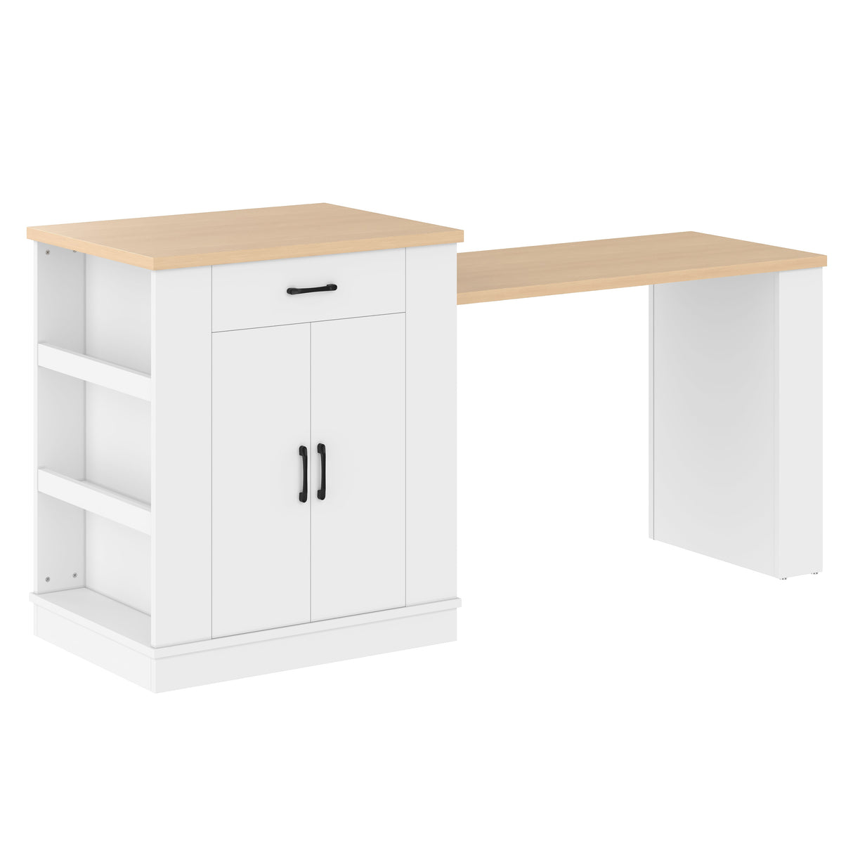 Extendable Island Console with Drawers, Double-Door Cabinet, and Open Shelving