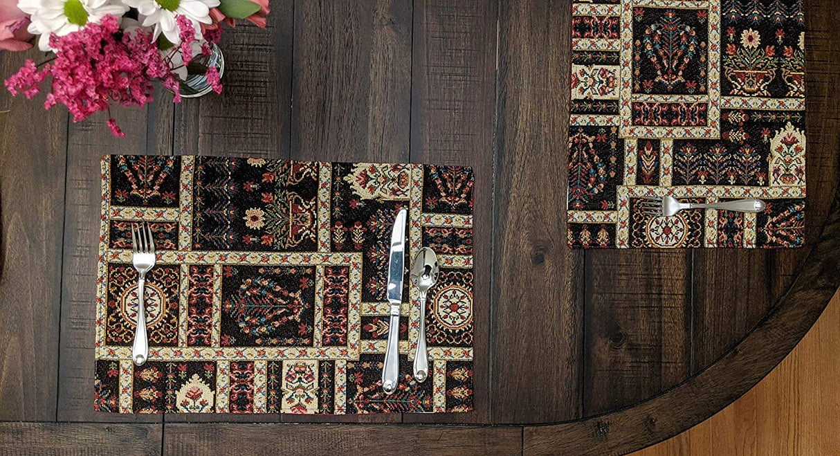 DaDalogy Bedding Set of 4-Pieces Dark Noir Mughal Floral Botanical Vintage Fleur Tapestry Placemats 13” x 19” (18197)
