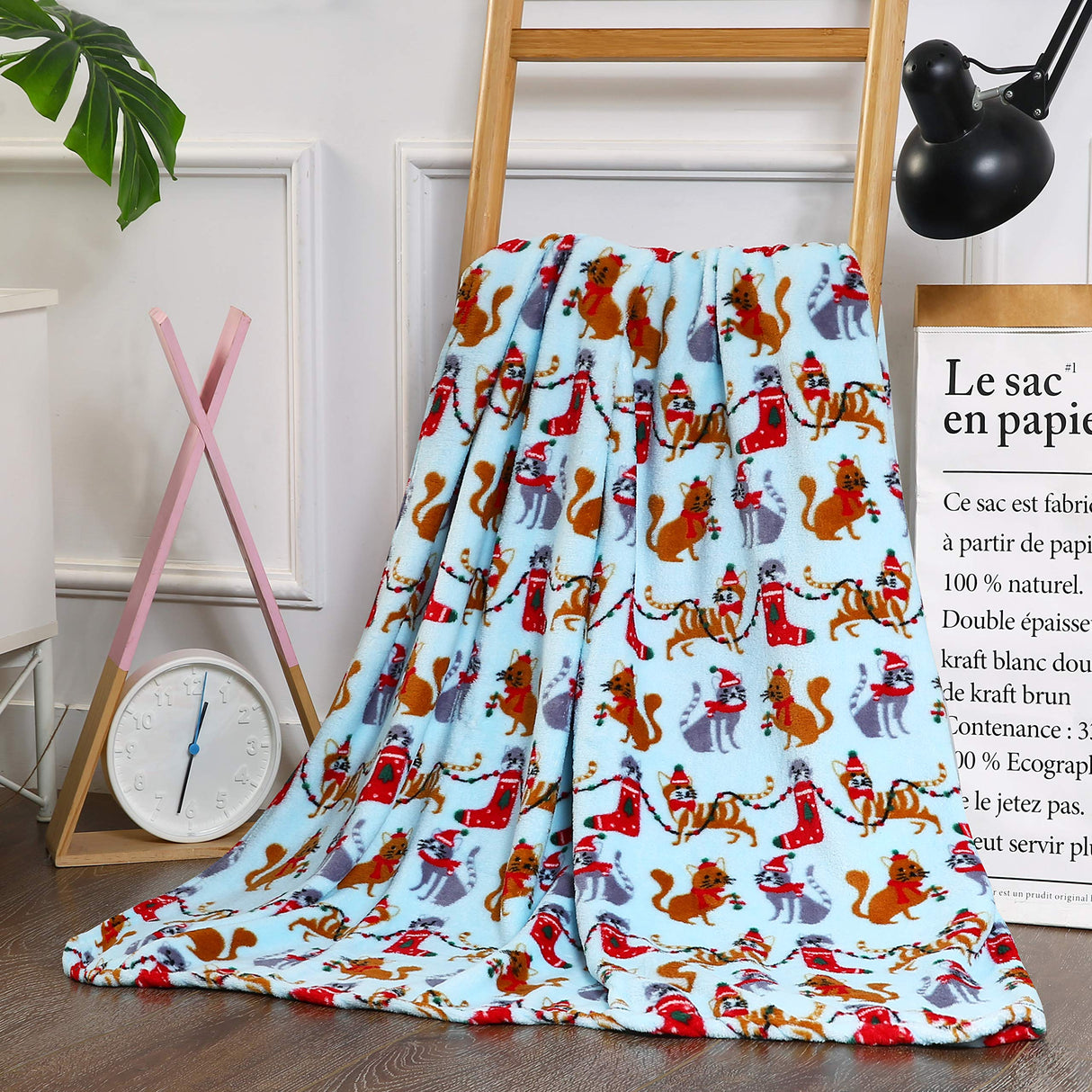 Faith, Hope, Love Home Decor Home Essentials Ultra Soft Blue Christmas Cats Holiday Throw Blanket (50" X 60")