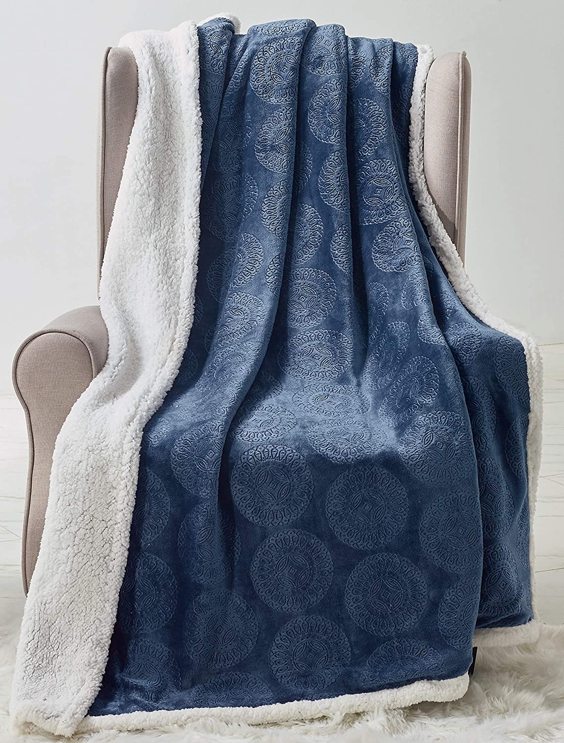 Bon iver collection extra soft mandala embossed microplush throw blanket with sherpa backing