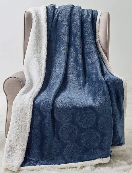 Bon iver collection extra soft mandala embossed microplush throw blanket with sherpa backing