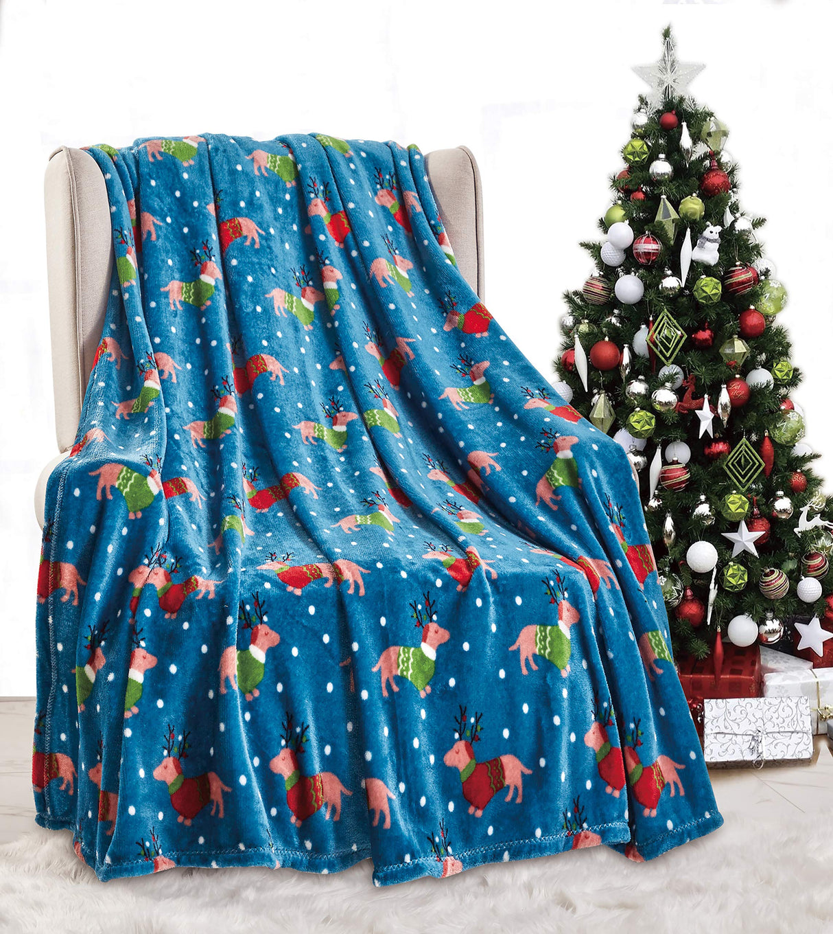 Decor&More Let it Snow Collection Microplush Holiday Throw Blanket (60" x 50") - Christmas Dogs
