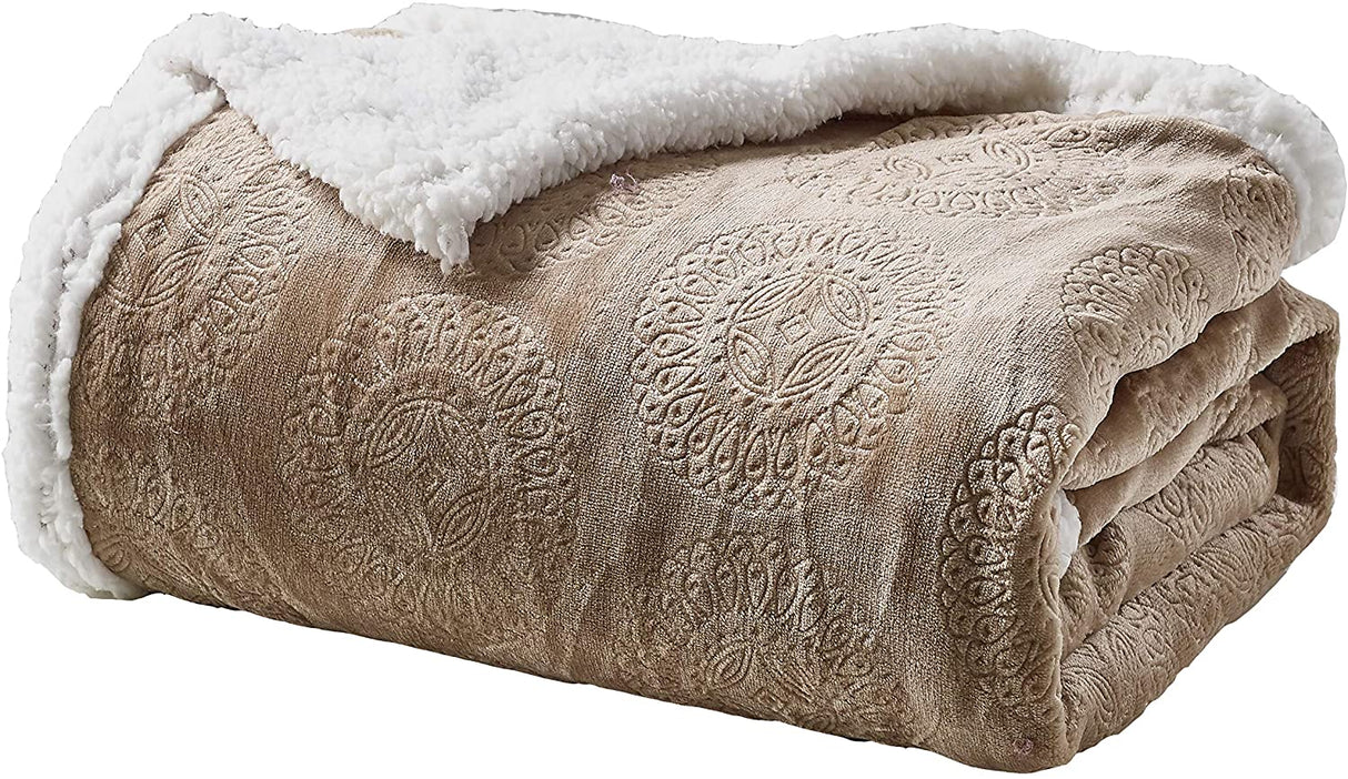 Bon iver collection extra soft mandala embossed microplush throw blanket with sherpa backing