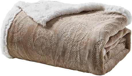 Bon iver collection extra soft mandala embossed microplush throw blanket with sherpa backing