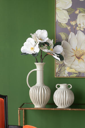 9x9x10' Decorative Round Ceramic Flower Vase with Small Handles and Textured Motif, Gold