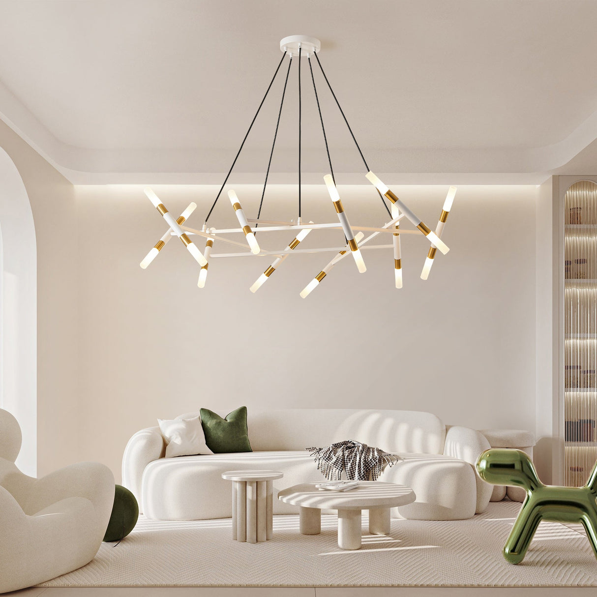 41' White & Golden Modern Chandelier Light Fixture, Branch Design with Frosted Tubes, Black Cords, Adjustable Height Pendant Light for Dining Room, Living Room, or Kitchen Island (Bulb Not Included)