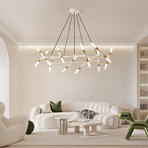 41' White & Golden Modern Chandelier Light Fixture, Branch Design with Frosted Tubes, Black Cords, Adjustable Height Pendant Light for Dining Room, Living Room, or Kitchen Island (Bulb Not Included)