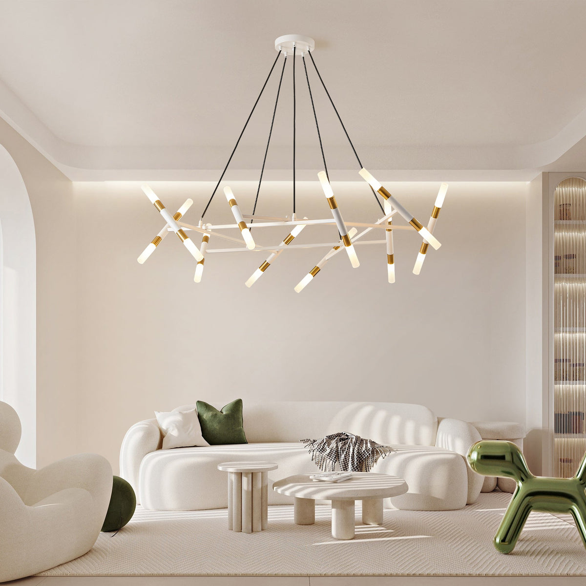 41' White & Golden Modern Chandelier Light Fixture, Branch Design with Frosted Tubes, Black Cords, Adjustable Height Pendant Light for Dining Room, Living Room, or Kitchen Island (Bulb Not Included)