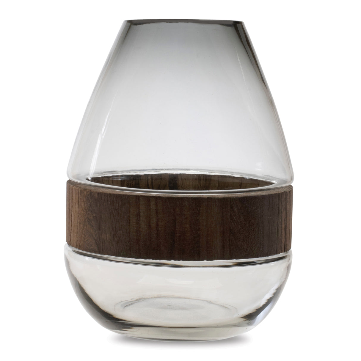 Grey glass vase with natural wood accent 10"h