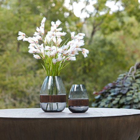Grey glass vase with natural wood accent 10"h