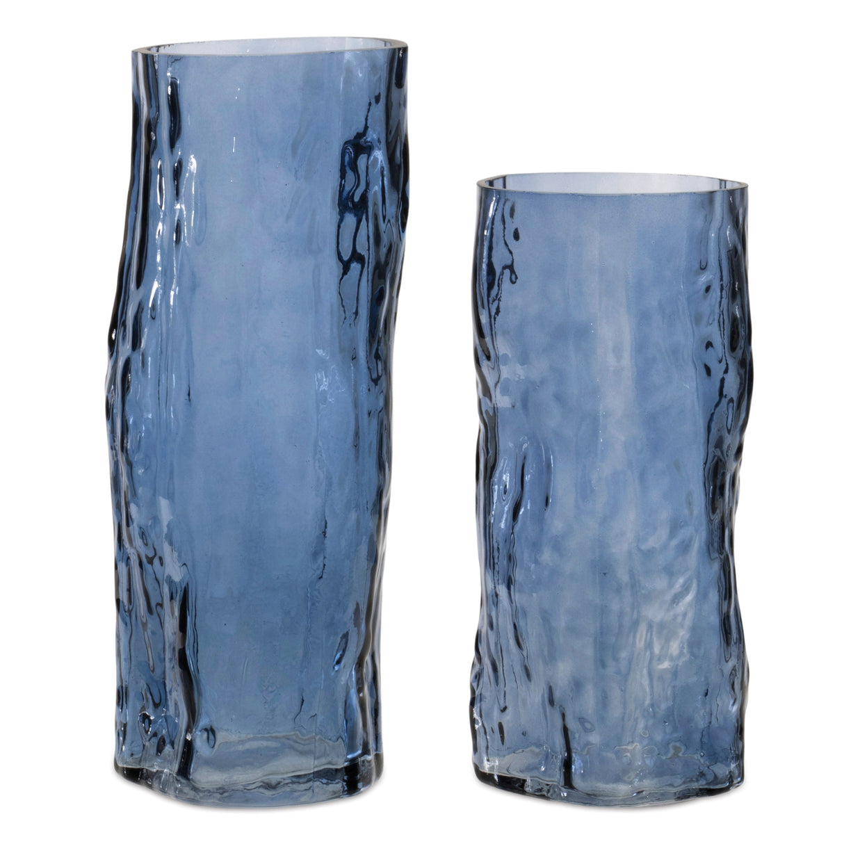 Set of 2 Blue Decorative Glass Vases – Coastal Wavy Texture Design