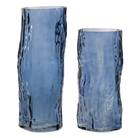 Set of 2 Blue Decorative Glass Vases – Coastal Wavy Texture Design
