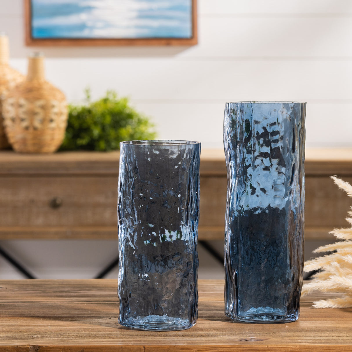 Set of 2 Blue Decorative Glass Vases – Coastal Wavy Texture Design