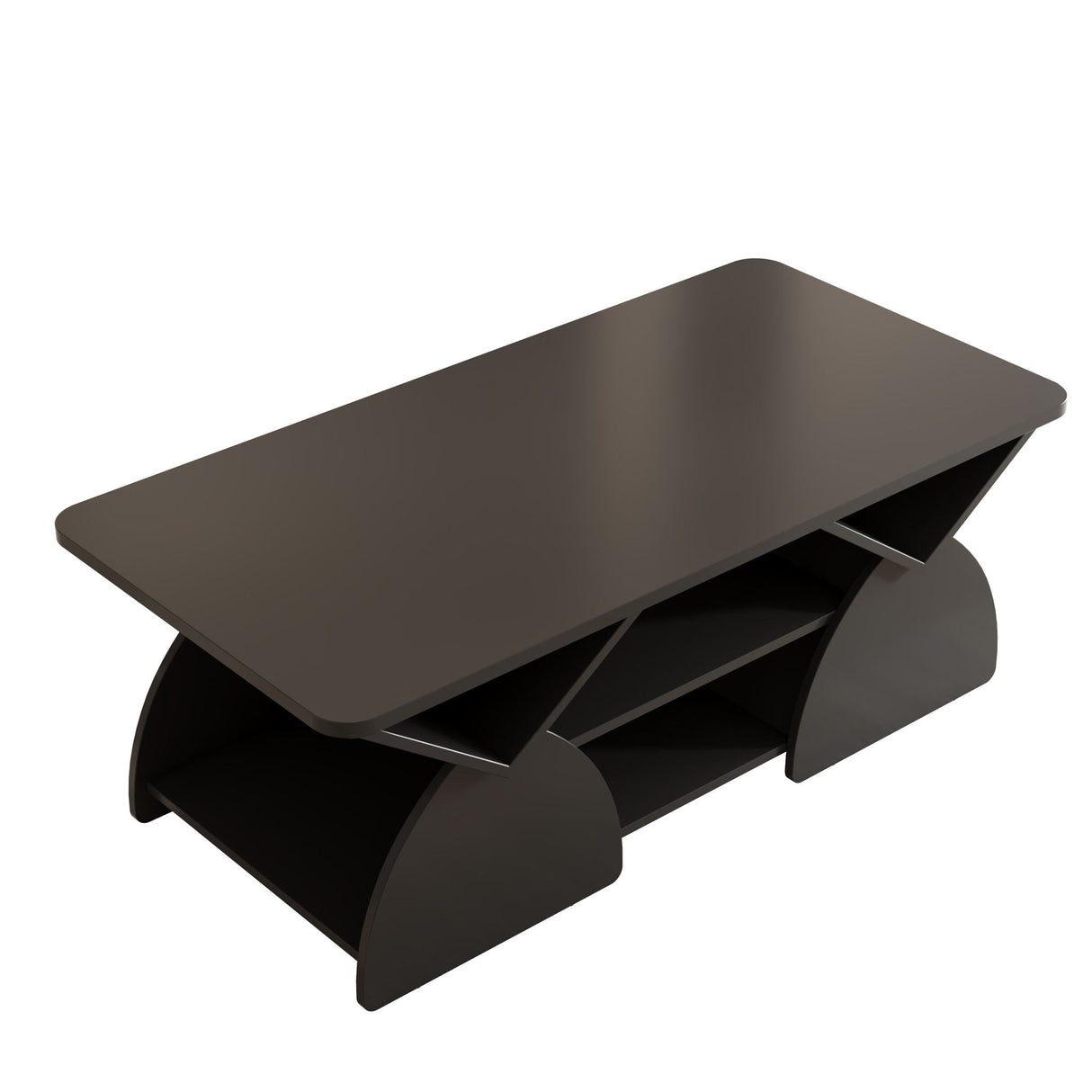 Geometric Engineered Coffee Table With Rounded Corners With Open Shelves