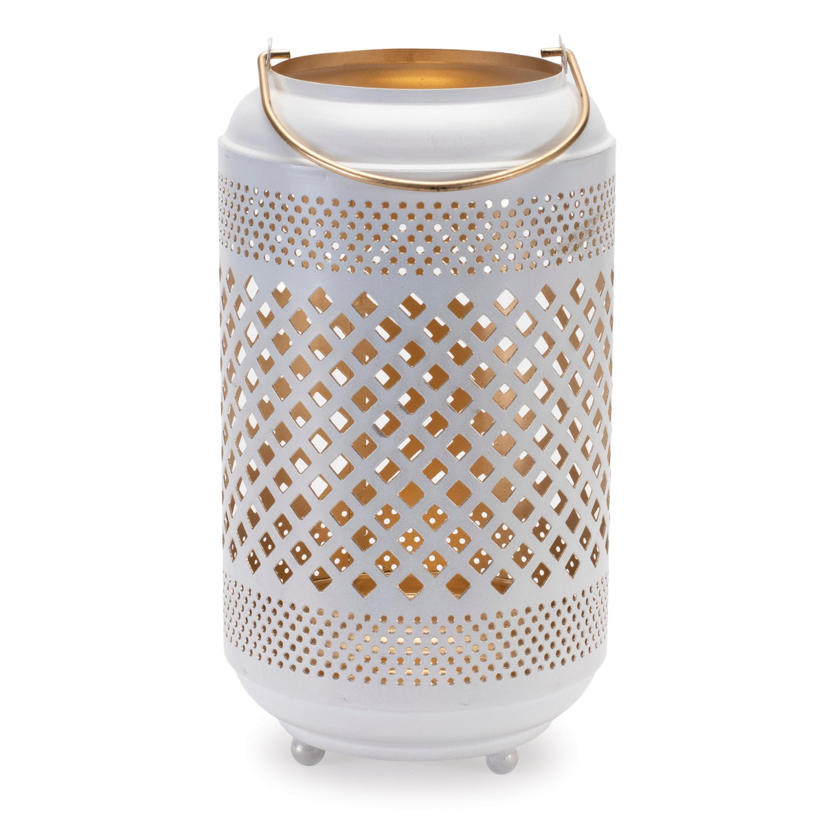 Lattice punched metal lantern with gold accent 13.75"h