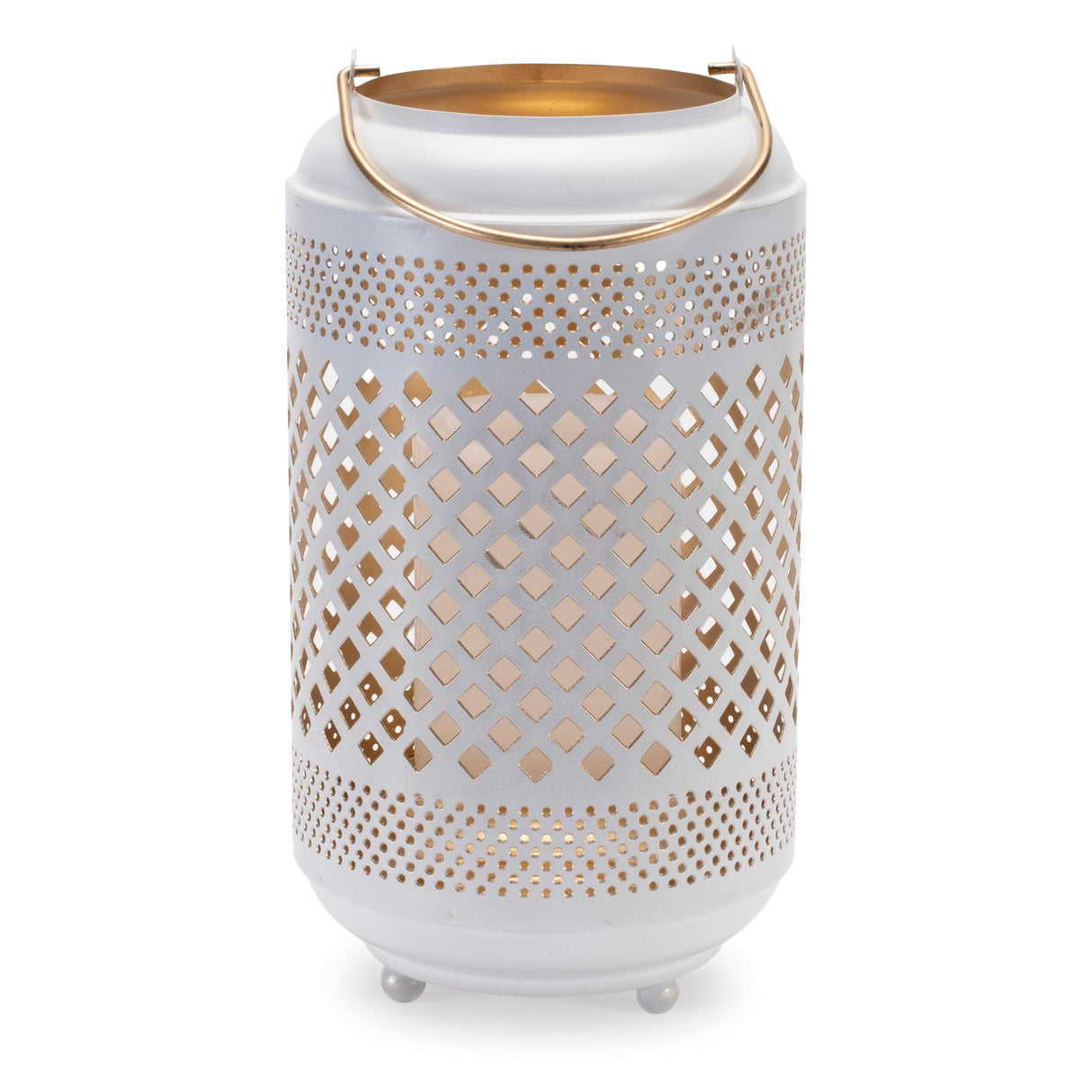 Lattice punched metal lantern with gold accent 13.75"h