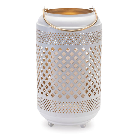 Lattice punched metal lantern with gold accent 13.75"h