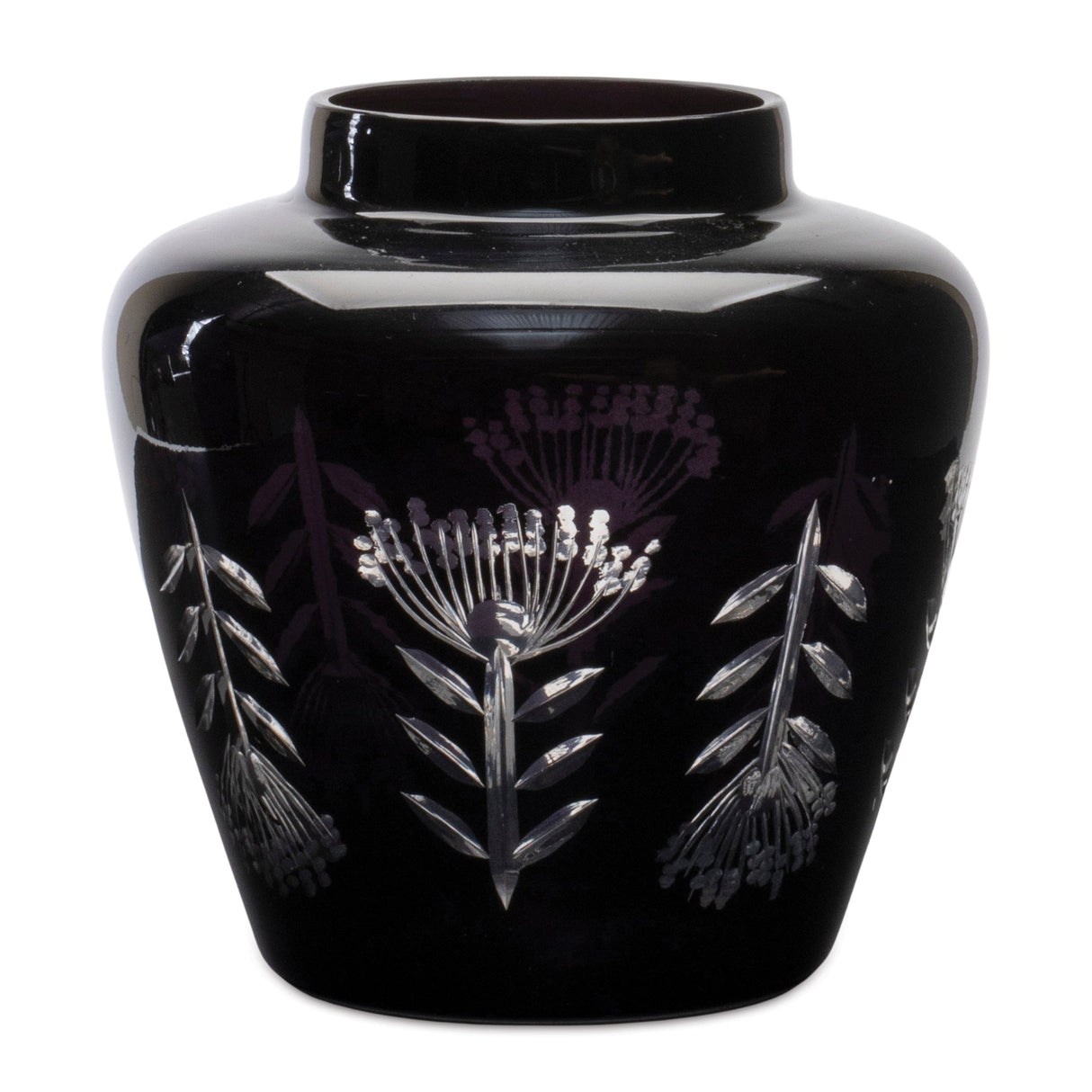 Etched Soda Lime Glass Urn Vase 6.5"D; Black
