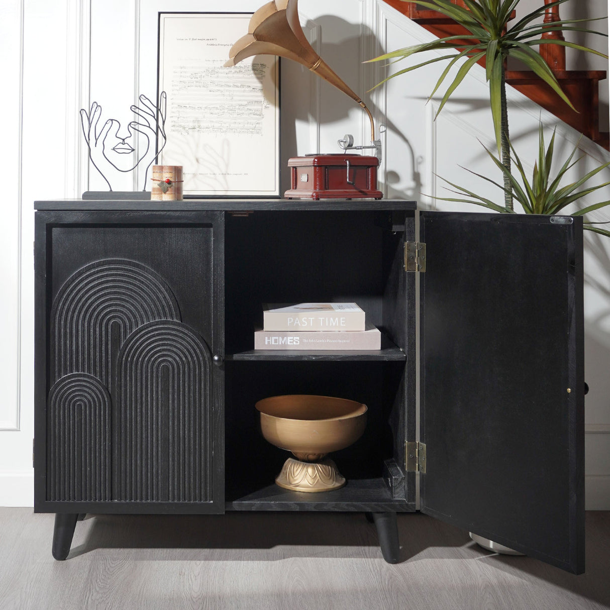 Modern Black Wood Storage Cabinet with Embossed Door