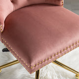 Velvet upholstered tufted chair with golden metal adjustable swivel base