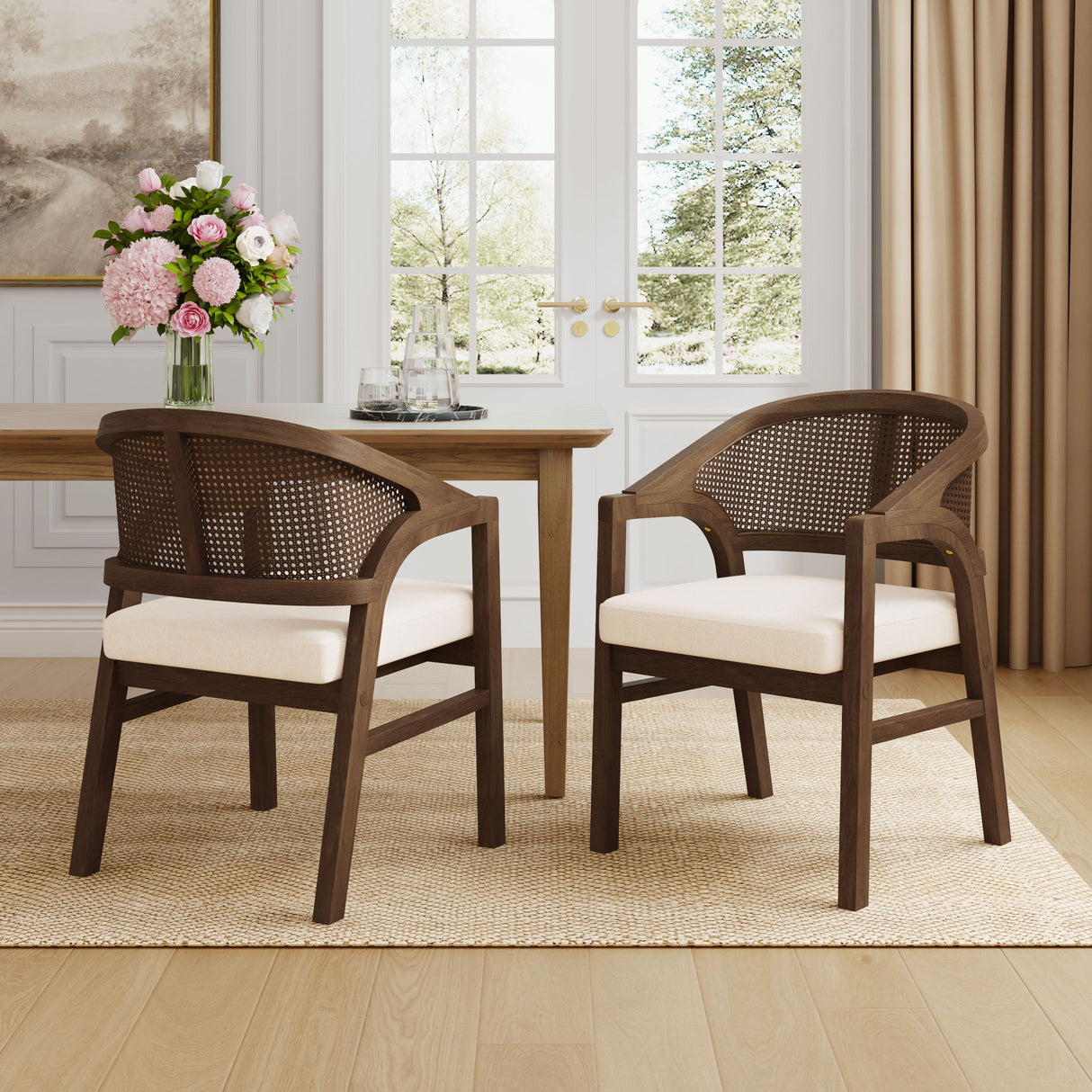 Wooden Frame Dining Chair with Rattan Back, Set of 2