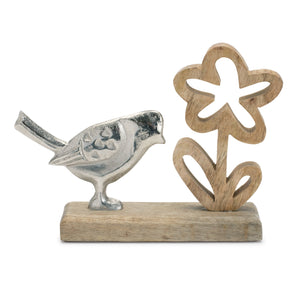 Metal-Bird-and-Flower-on-Wood-Base-(Set-of-2)-Artificial-Flowering-Plants