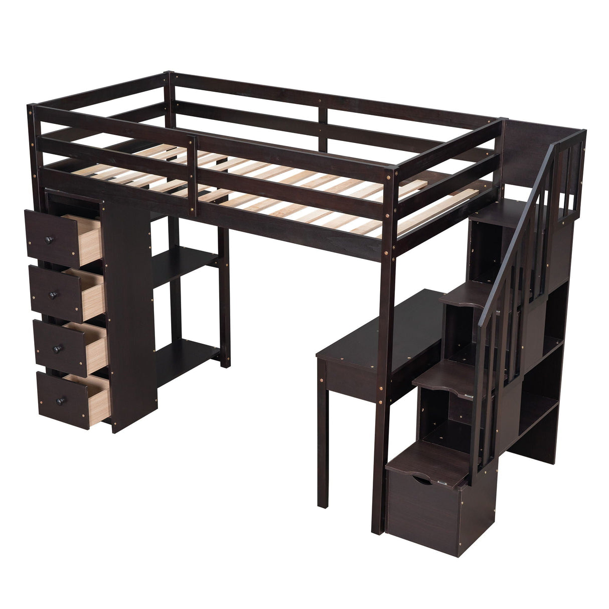 Loft Bed With Storage Drawers, Desk And Stairs With Shelves