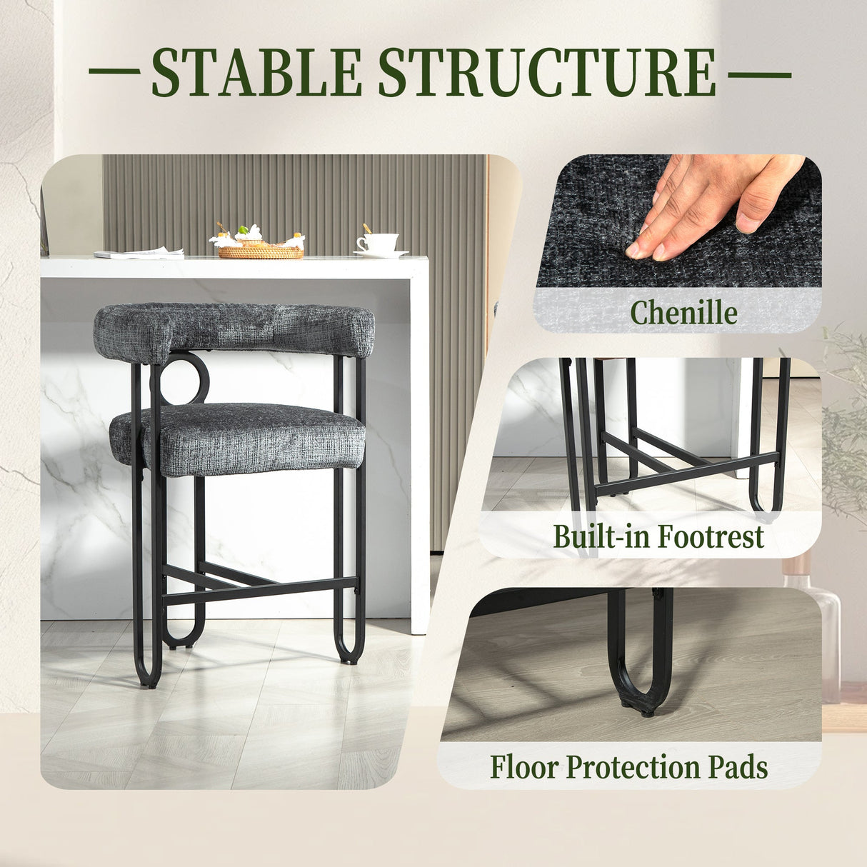 Household bar stools set of 2, modern upholstered with back