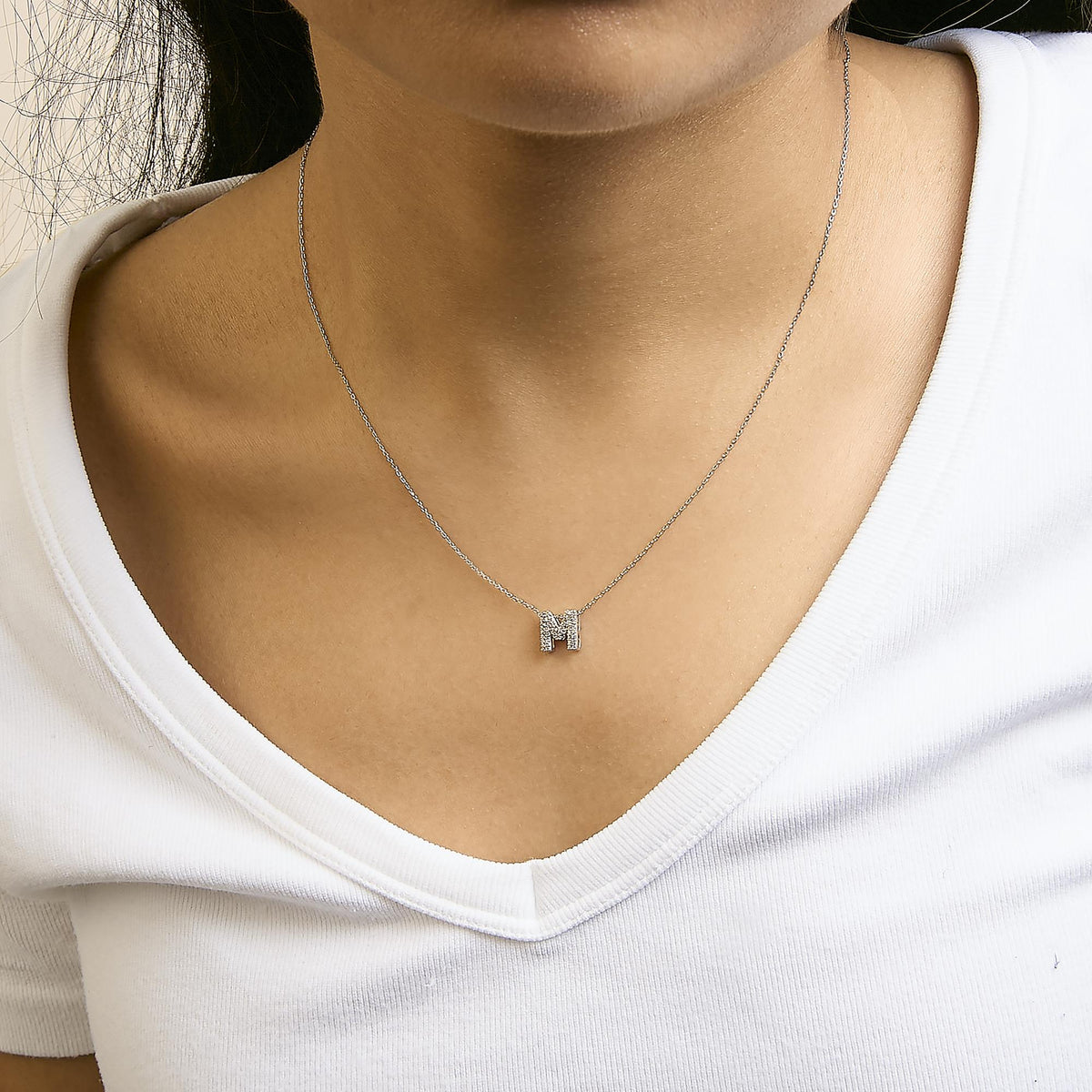 10K White Gold Diamond Accent "A-Z" Initial Bubble Pendant Necklace