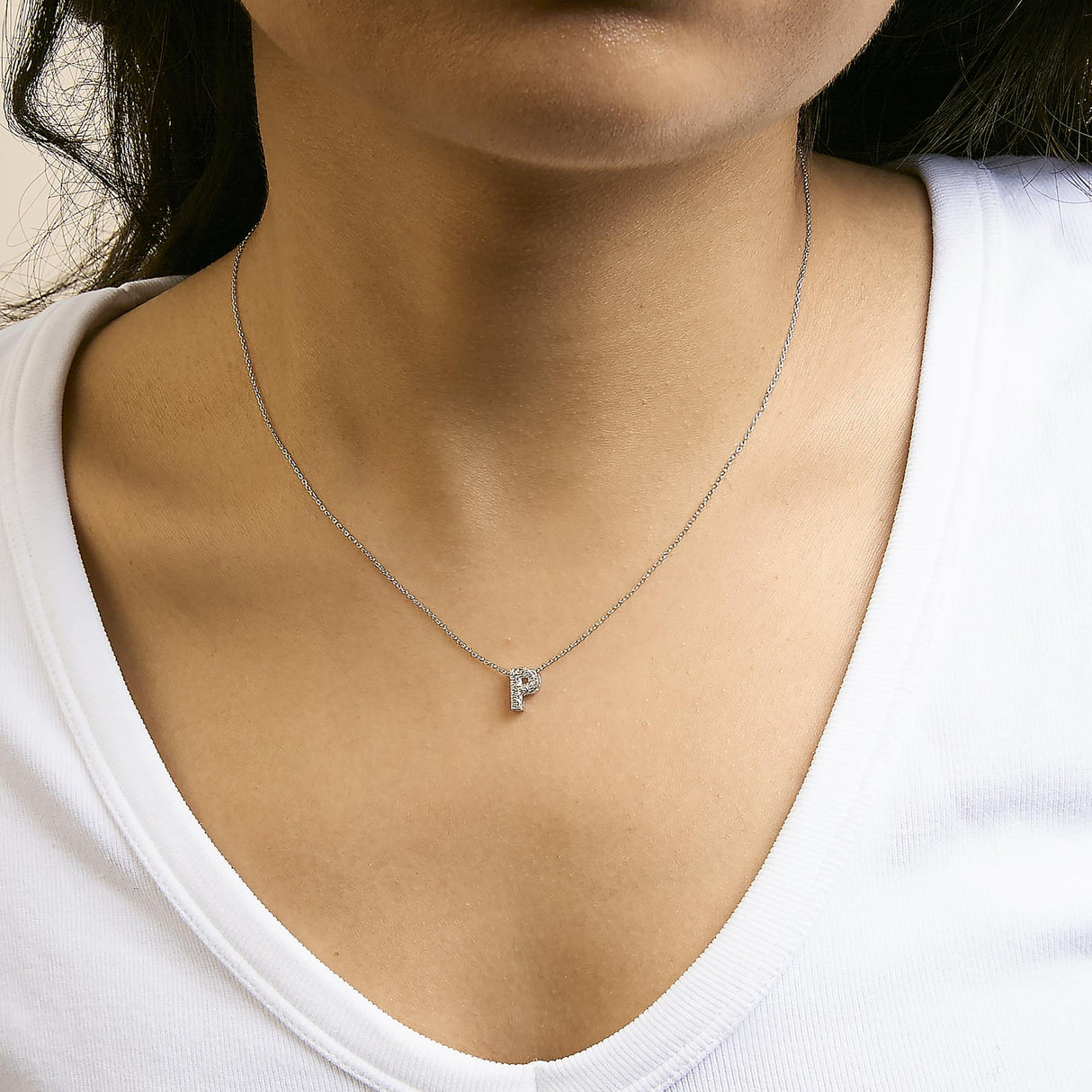 10K White Gold Diamond Accent "A-Z" Initial Bubble Pendant Necklace
