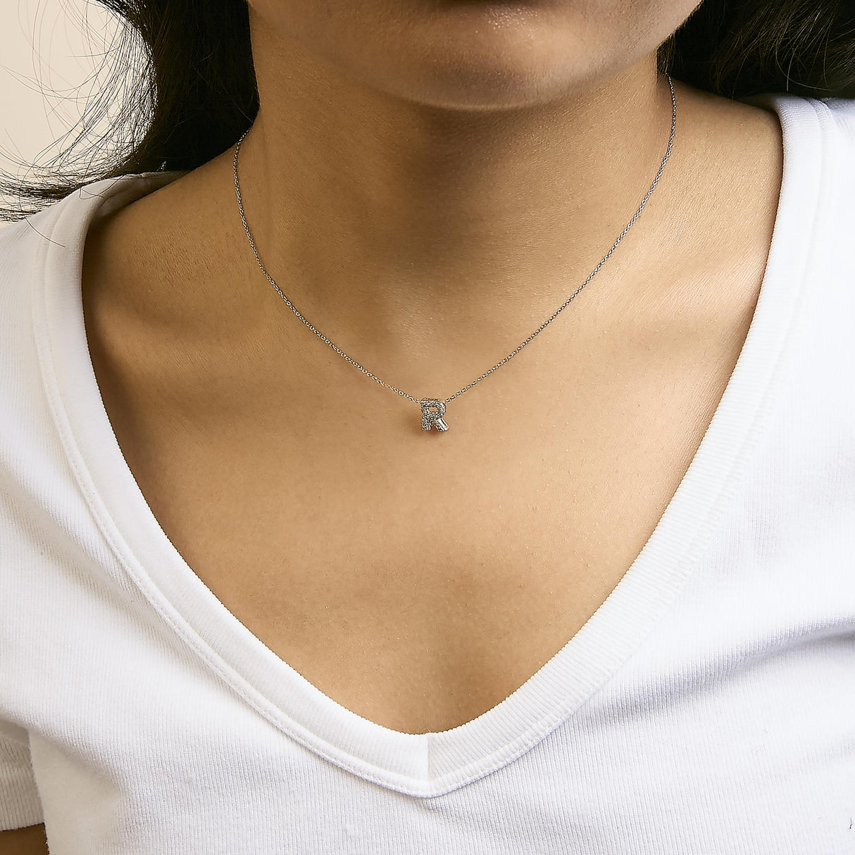 10K White Gold Diamond Accent "A-Z" Initial Bubble Pendant Necklace