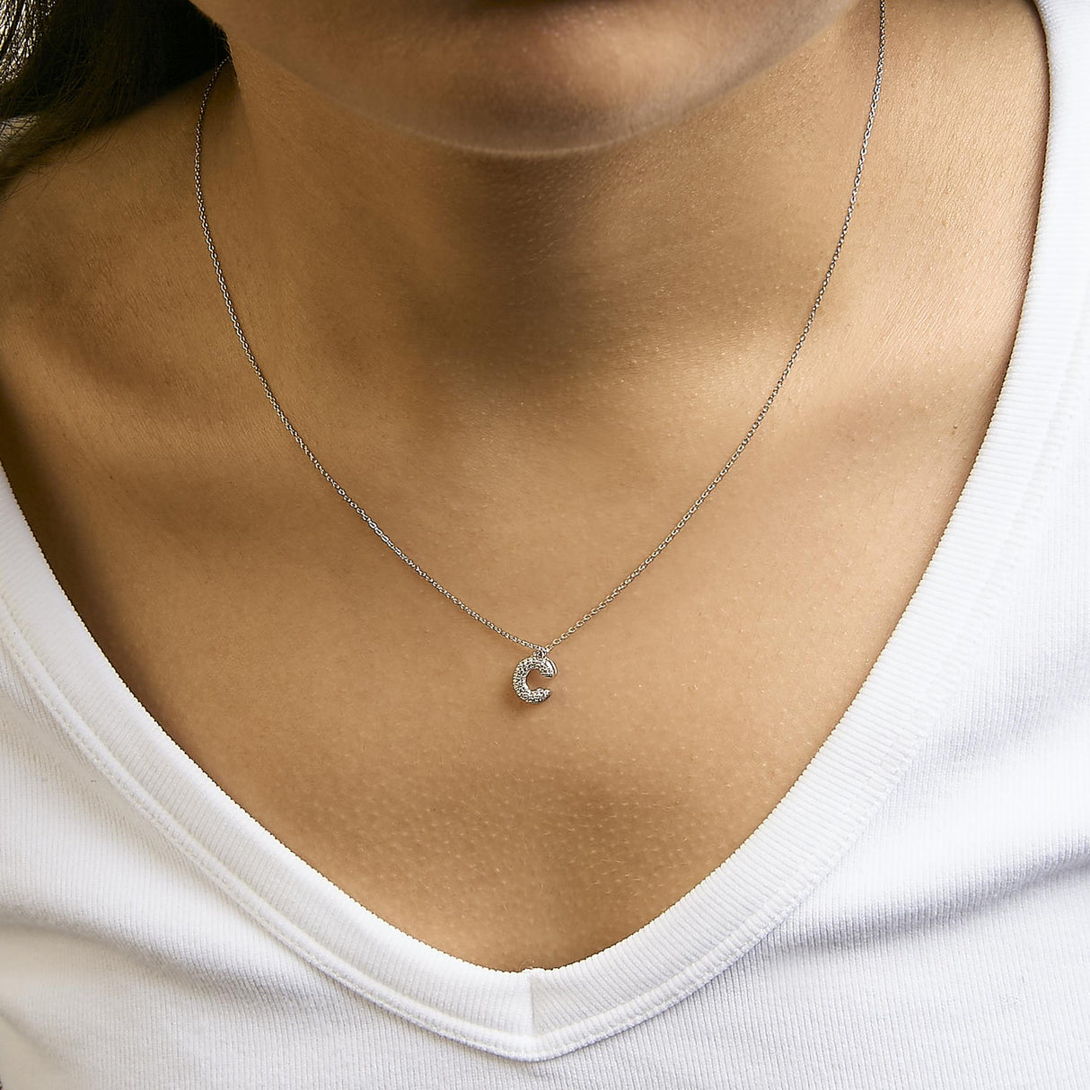 10K White Gold Diamond Accent "A-Z" Initial Bubble Pendant Necklace
