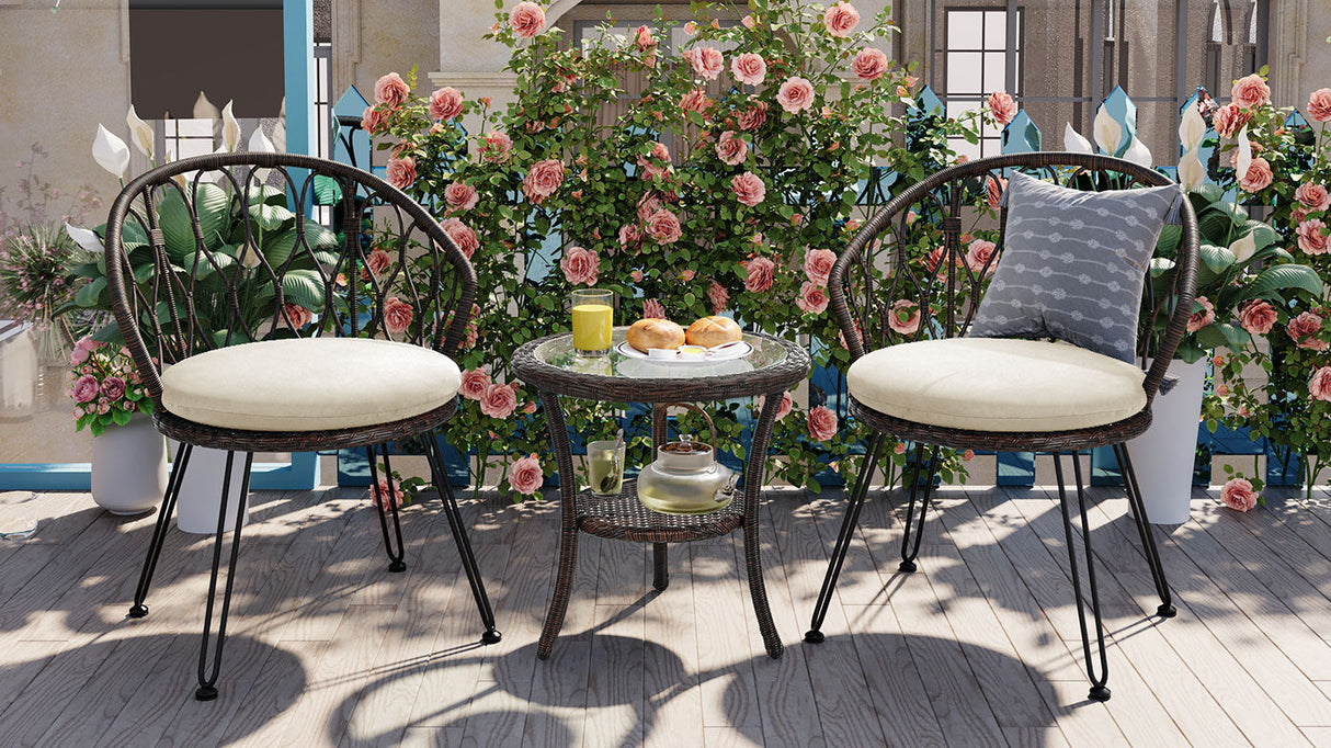 U_STYLE Outdoor Leisure Set, 2 Rattan Single Chairs with Glass Round Table