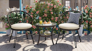 U_STYLE Outdoor Leisure Set, 2 Rattan Single Chairs with Glass Round Table