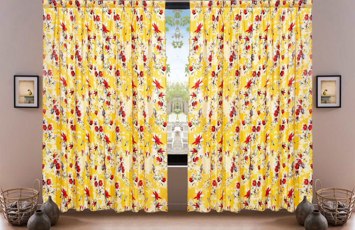 DaDa Bedding Set of 2 Radiant Sunshine Yellow Floral Window Curtain Panels - Natural Semi Sheer Hummingbirds Farmhouse Red Flowers Straight Tailored Edge