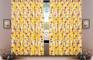DaDa Bedding Set of 2 Radiant Sunshine Yellow Floral Window Curtain Panels - Natural Semi Sheer Hummingbirds Farmhouse Red Flowers Straight Tailored Edge