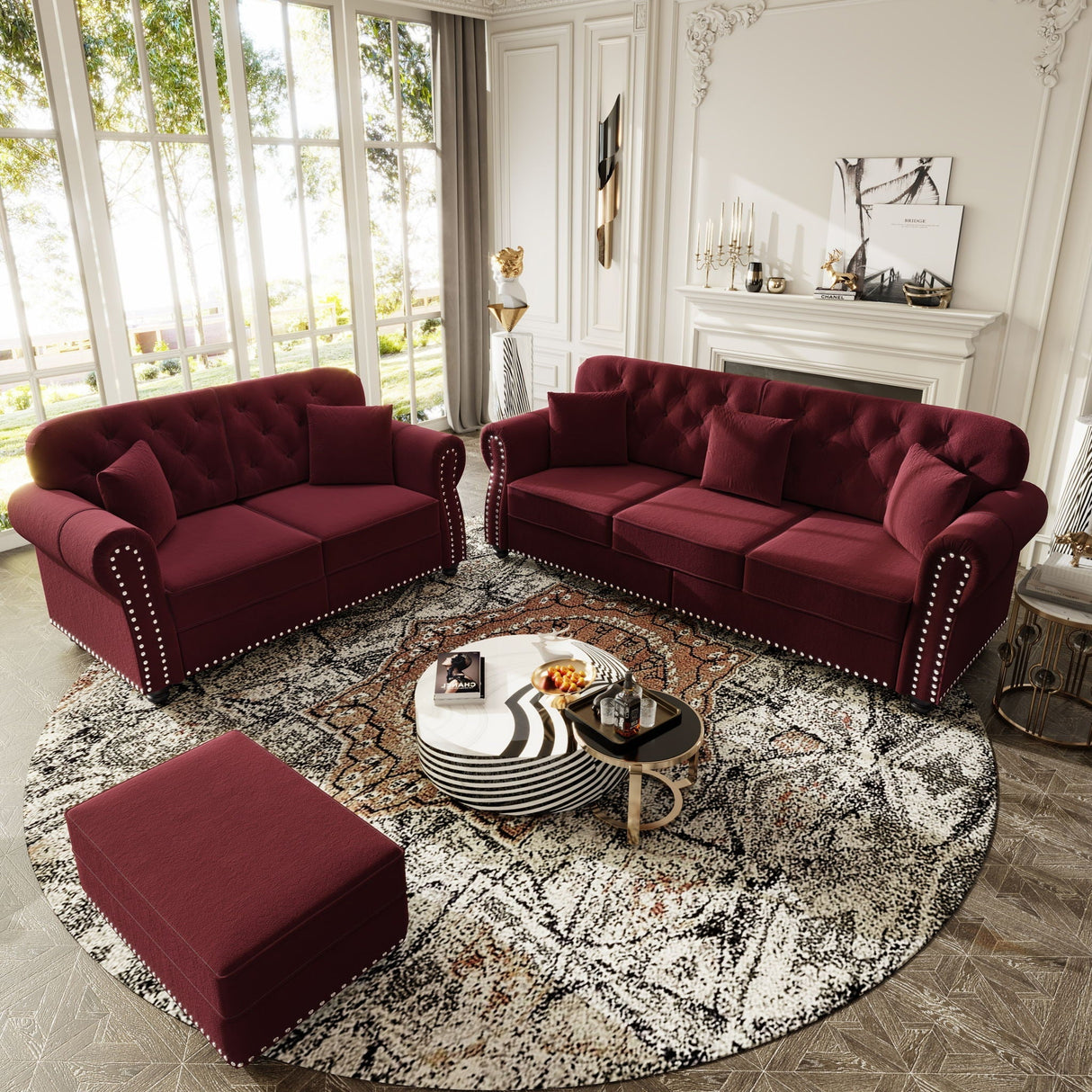 Upholstered Sofa Set With Nailhead Trim and Rolled Armrests, Includes Pillows