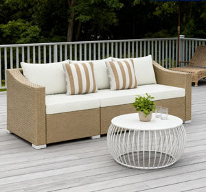 Outdoor Rattan Sofa with Cushions and Throw Pillows - Natural
