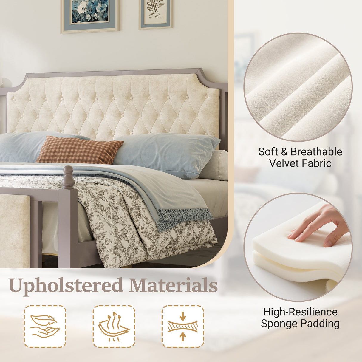 King Size Upholstered Platform Bed with Button Tufted Headboard