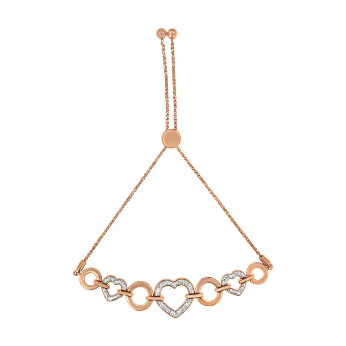 14K Rose Gold Plated .925 Sterling Silver Diamond Accent Circle and Heart Link Adjustable 6â€-10â€ Bolo Bracelet